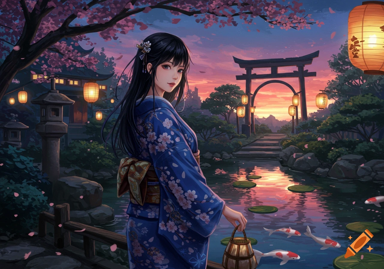 Anime illustration of a Japanese woman in a blue kimono by a pond with koi fish and cherry blossoms at sunset, with a torii gate in the background.