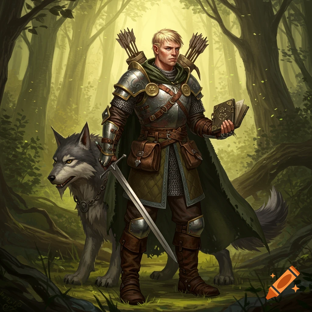 A blonde male ranger in armor, with a sword and a book, stands in a magical forest next to a grey worg.