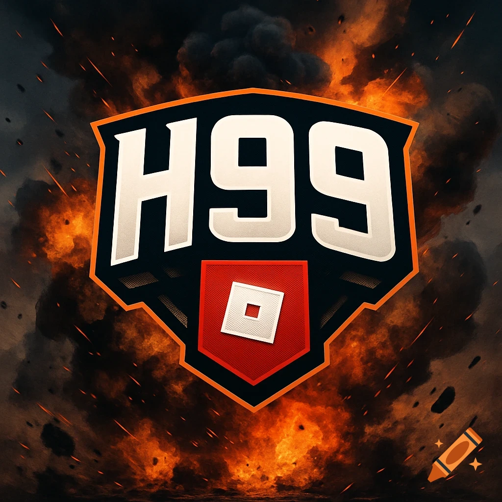 Gaming clan logo featuring 'H99' and the Roblox symbol against a background of fire and explosions.