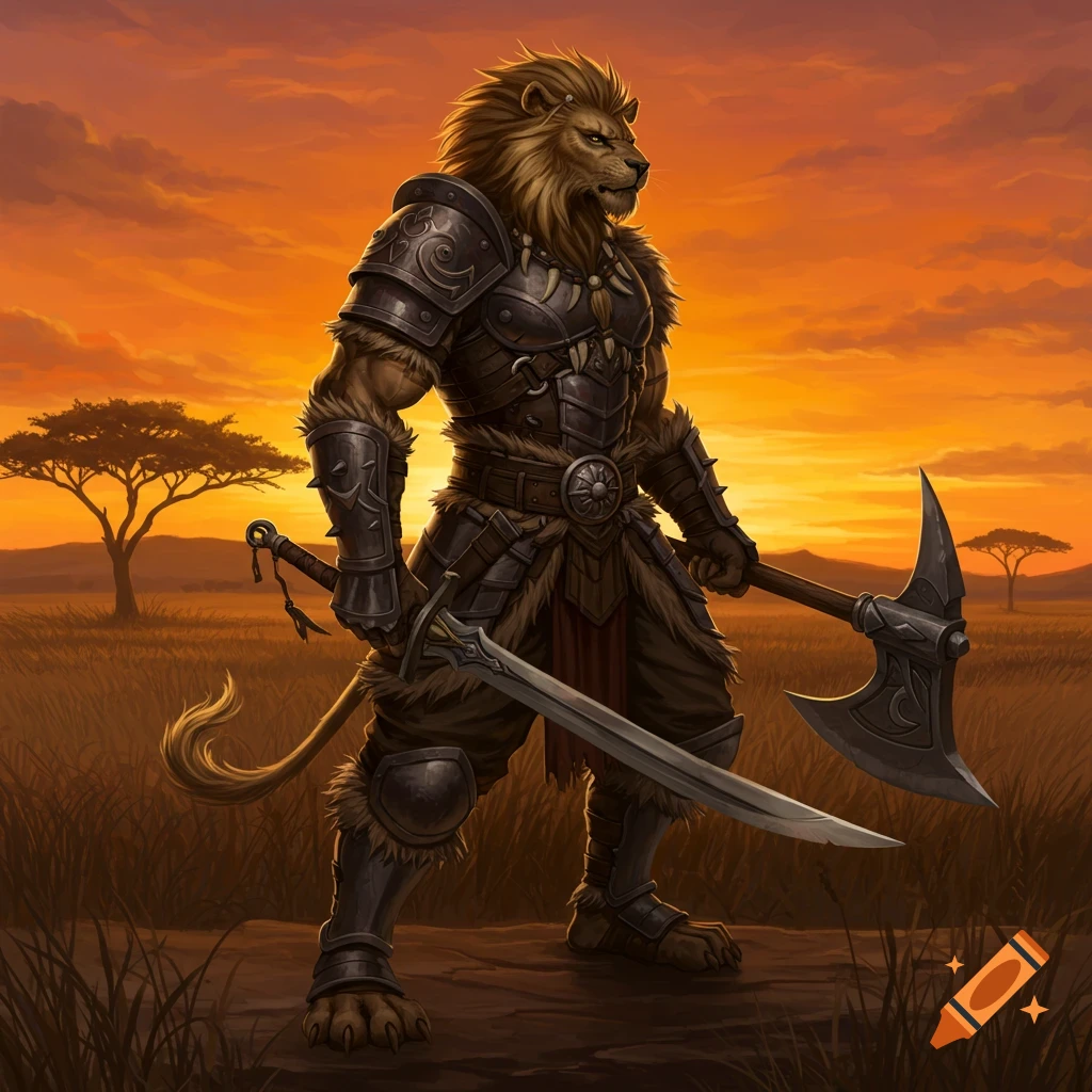 A powerful lion-headed warrior in armor stands in a savanna at sunset, holding a sword and an axe.