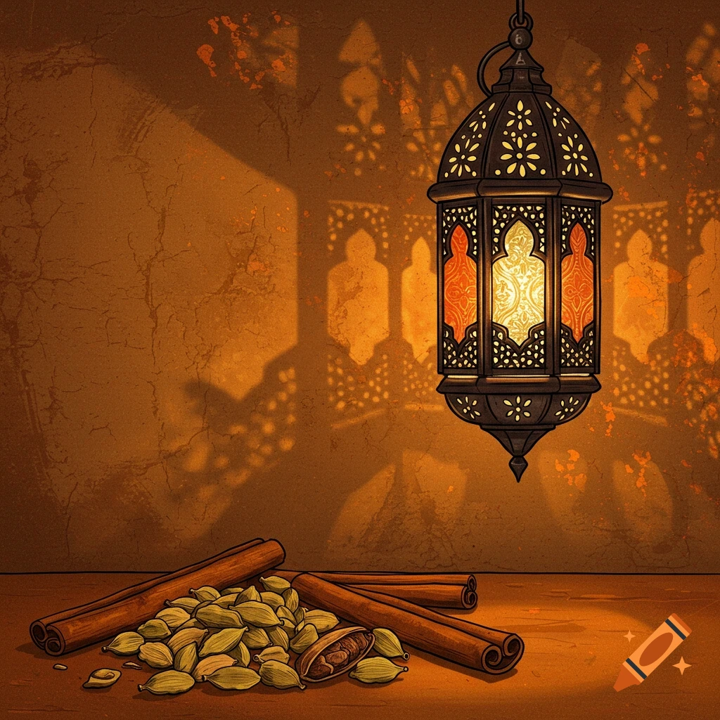 Illustration of a Moroccan lantern casting decorative shadows on a warm wall with cinnamon sticks and cardamom pods in the foreground.
