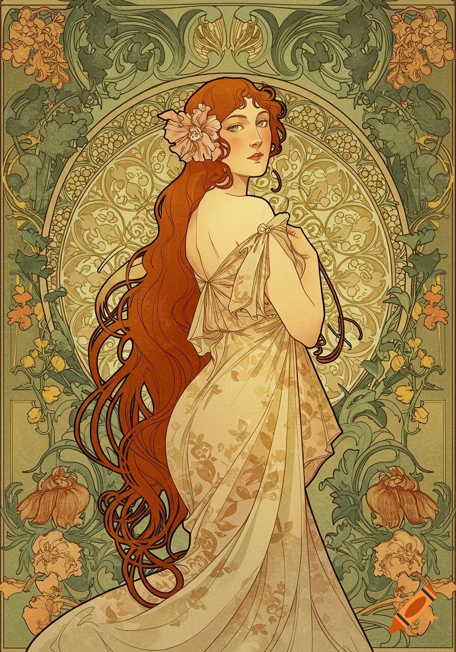 Art Nouveau illustration of a woman with long red hair and a flowing dress, surrounded by floral patterns.