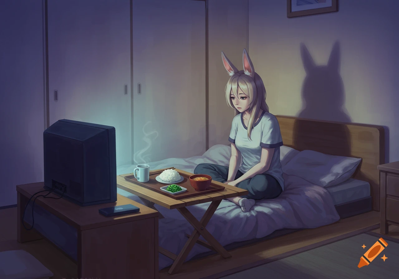 Sad anime girl with rabbit ears sits on her bed, eating dinner and watching TV in a dimly lit bedroom, anime art.