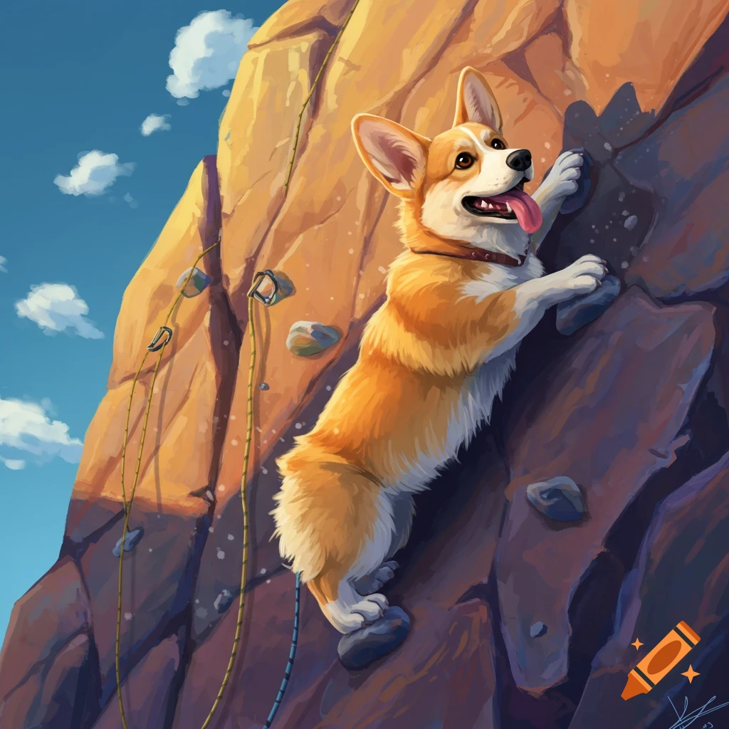 A happy orange and white corgi dog climbs a sunlit rock wall in a vibrant digital illustration.