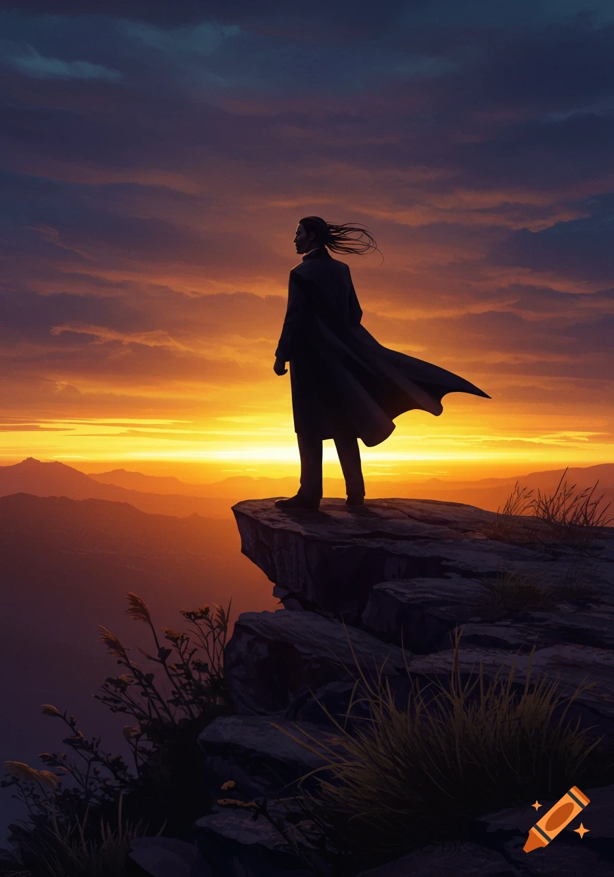 A man in a long coat with flowing hair stands on a cliff, overlooking a vast mountain range under a vibrant orange and purple sunset.