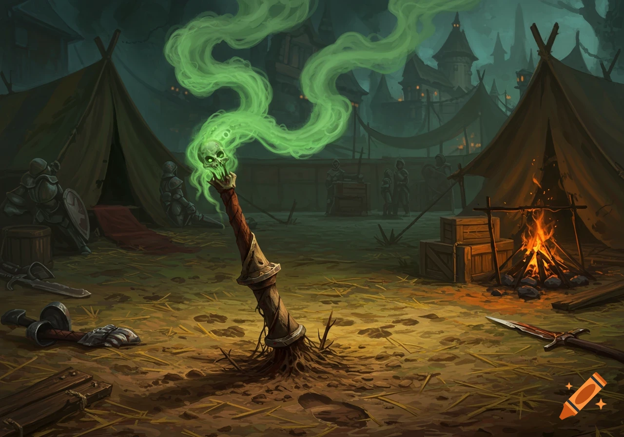 A stylized lance with a glowing green skull emitting smoke, stuck in muddy ground at a fantasy medieval campsite.