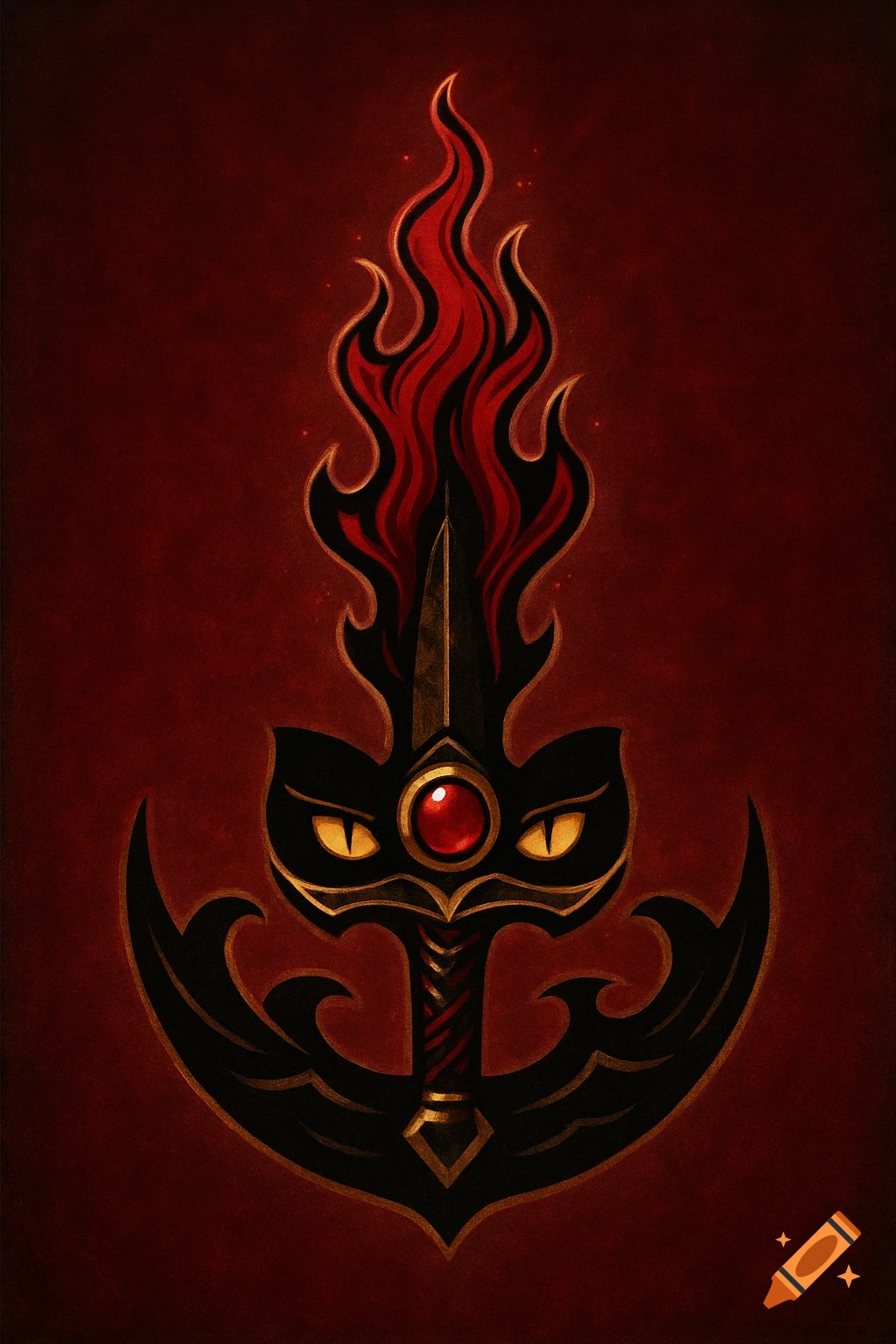 A stylized black dagger with red and gold flames, golden cat eyes, a ruby, and black claw-like waves on a red background.