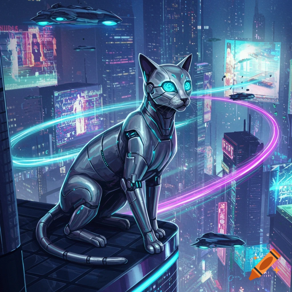 A robotic cat with glowing blue eyes sits atop a futuristic skyscraper, overlooking a cyberpunk city with flying vehicles and neon lights.