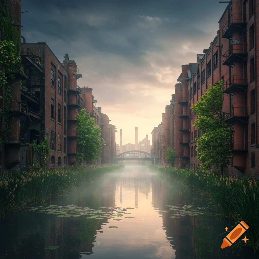 A misty urban canal lined with old brick buildings and lush vegetation, leading to industrial smokestacks in the distance under a cloudy sky.