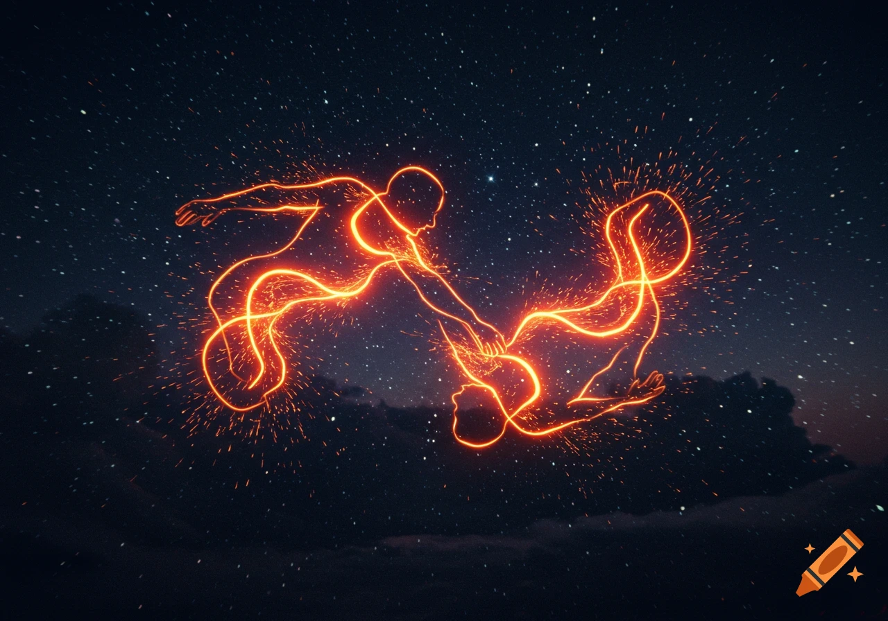 Two glowing orange human-like figures intertwined with sparks against a starry night sky.