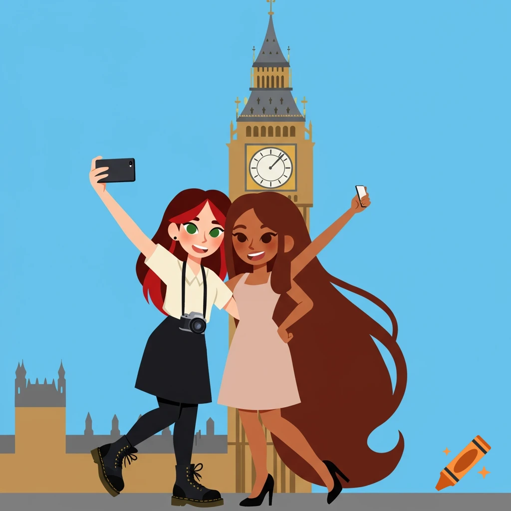 Two cartoon women taking a selfie in front of Big Ben in London, depicted in a bright, minimalist style.