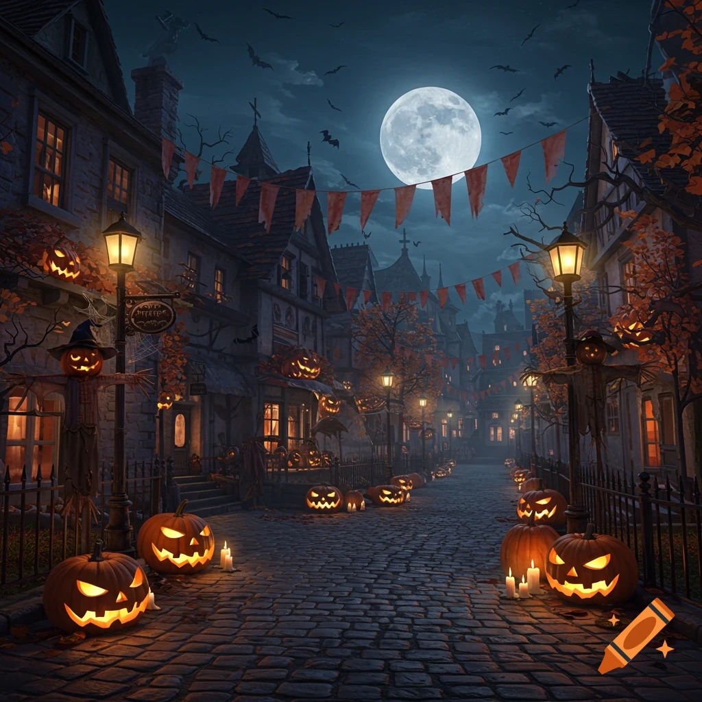 A spooky, old town street at night, illuminated by a full moon and glowing jack-o'-lanterns, with bats flying and Halloween decorations.