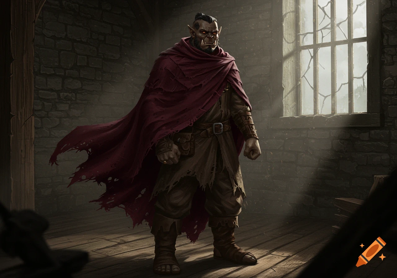 A moderately angry half-orc wearing a tattered red cloak stands in a dimly lit stone room with a barred window.