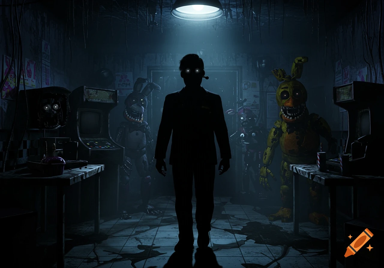 A silhouetted man with glowing eyes stands in a dark, ominous arcade room with menacing Five Nights at Freddy's animatronics.