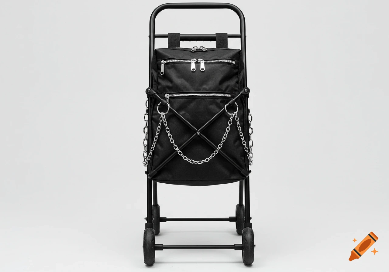 A black foldable shopping trolley with a fabric bag, metal rings, and chains, depicted in an industrial streetwear style.