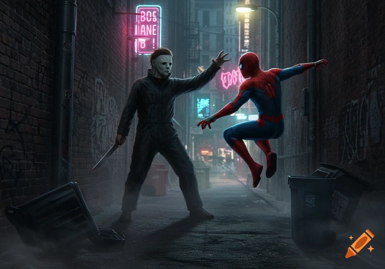 Michael Myers with a knife confronts Spider-Man in a dark, neon-lit alley. Comic art style.