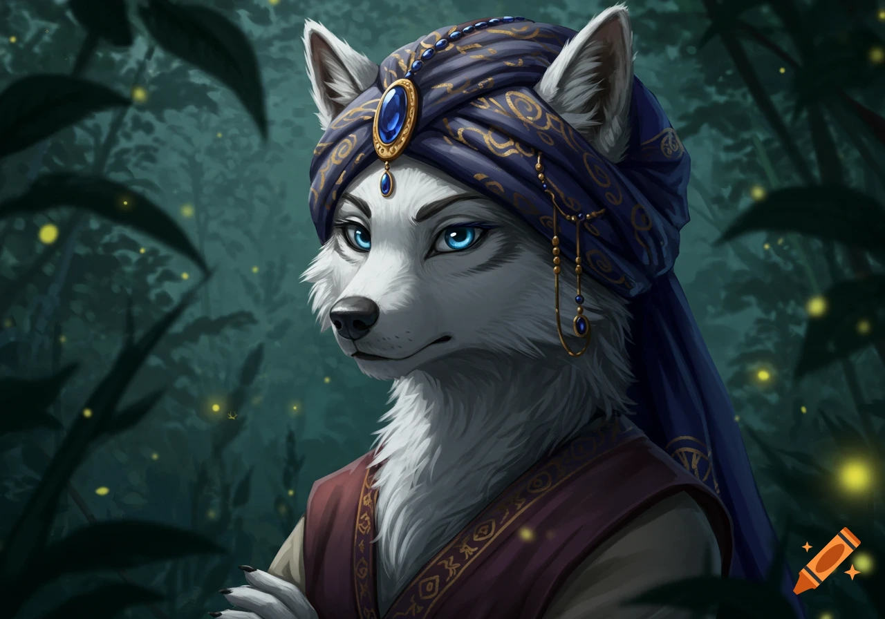 A white furry wolf girl with bright blue eyes wears an elaborate blue and gold turban in a dark forest with glowing fireflies.