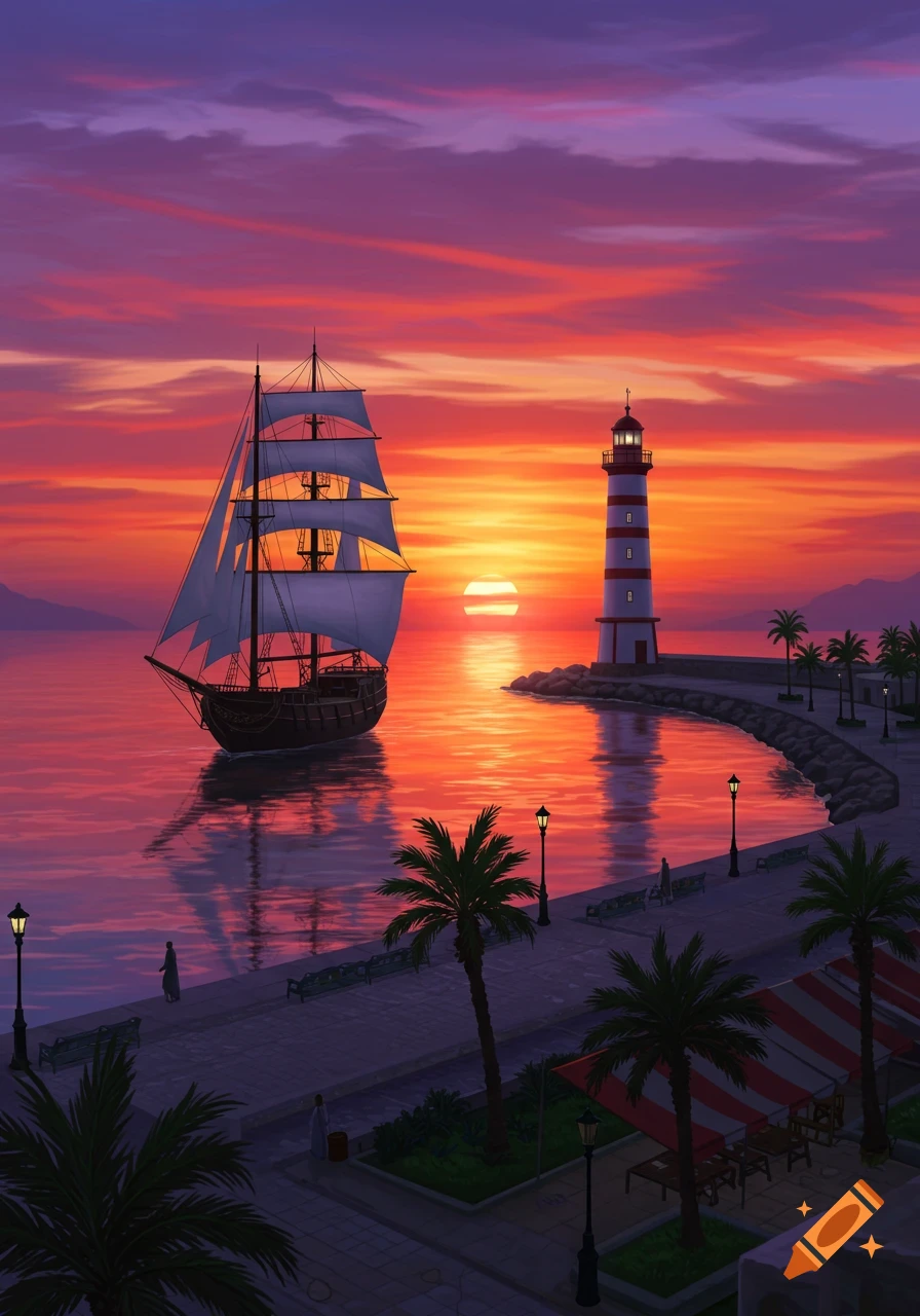 A vibrant sunset over a port with a sailing ship, a striped lighthouse, and palm trees lining the dock.