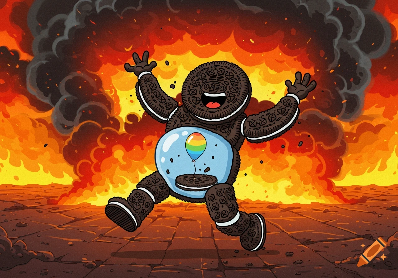 A happy cartoon Oreo man dances with a transparent belly holding a rainbow balloon, set against a fiery explosion.