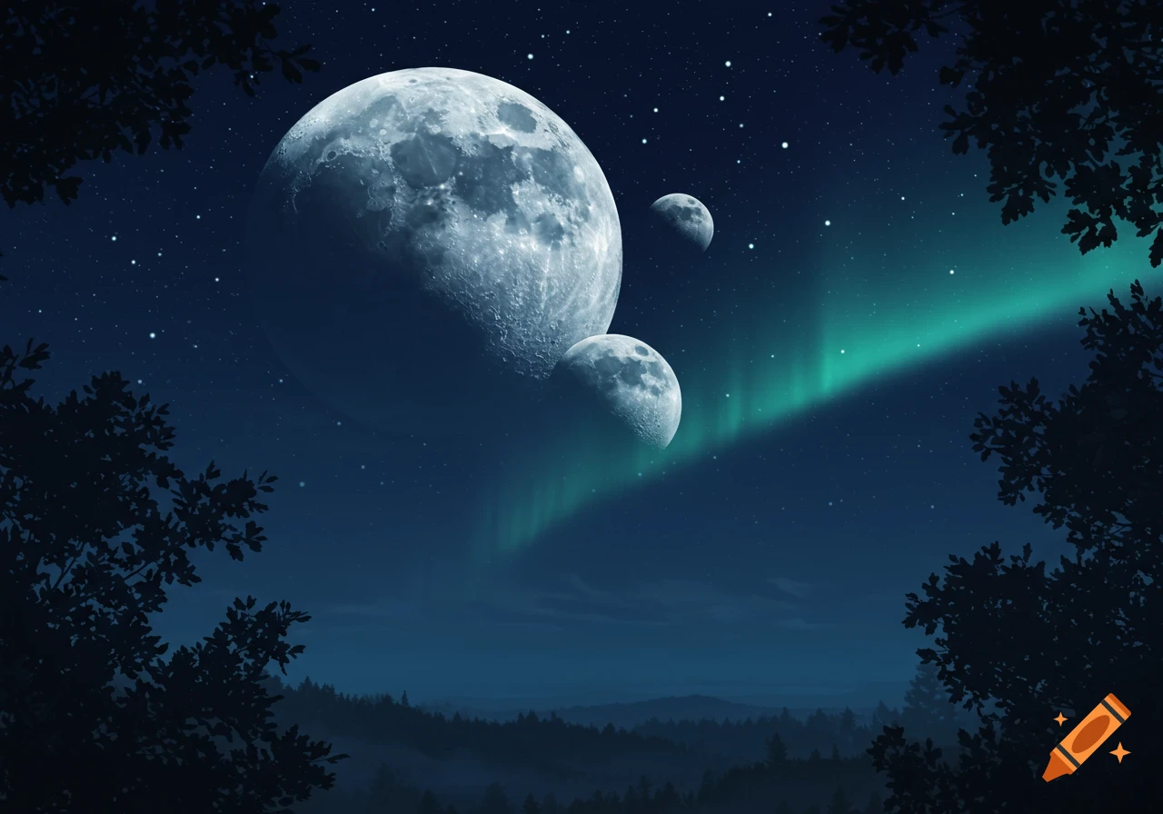 A serene night sky scene with a large moon and two smaller moons, an aurora borealis, and a dark forest silhouette.