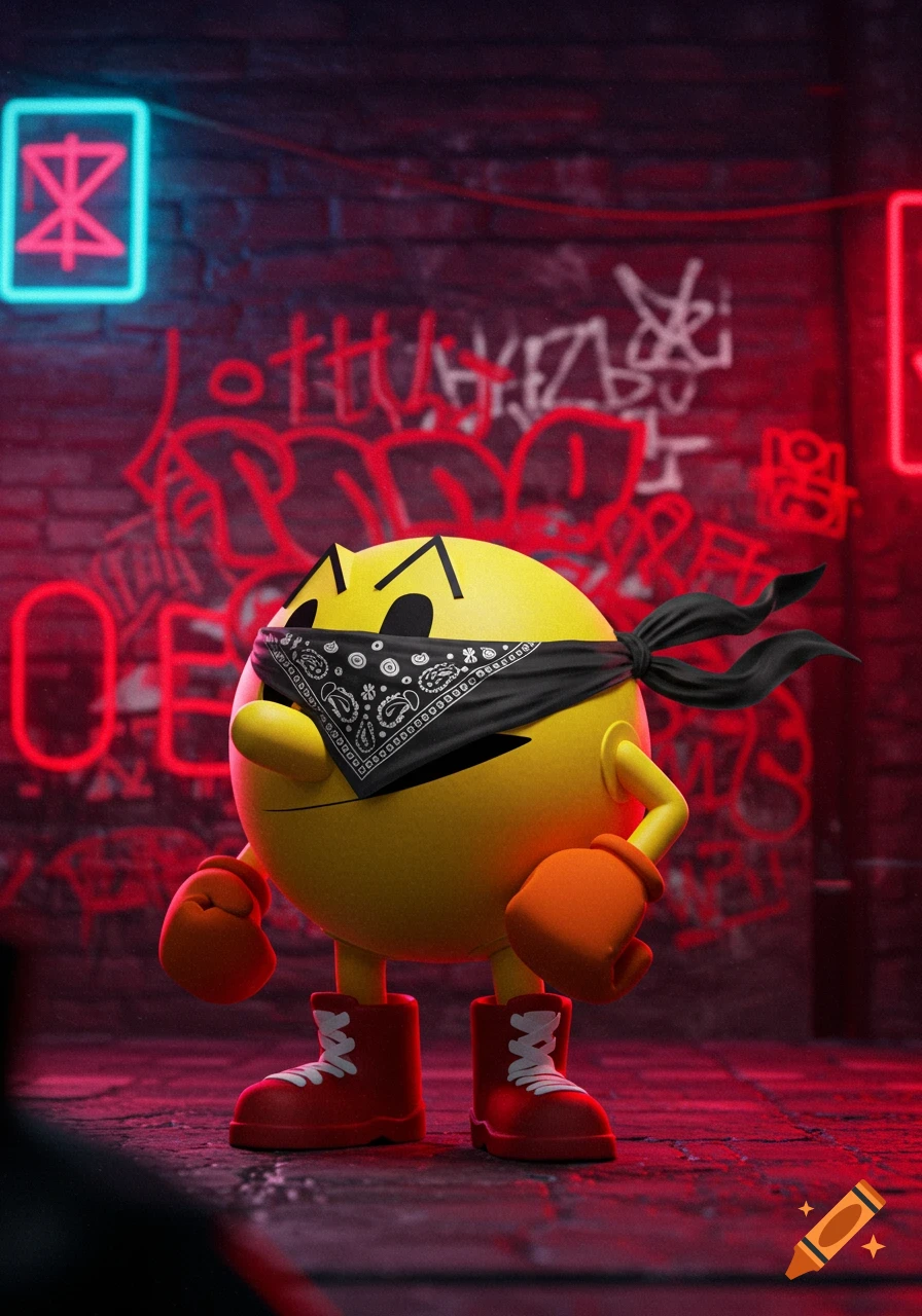 Pac-Man wearing a black bandana, red boxing gloves, and red sneakers stands in a dark alley with red graffiti and neon lights.
