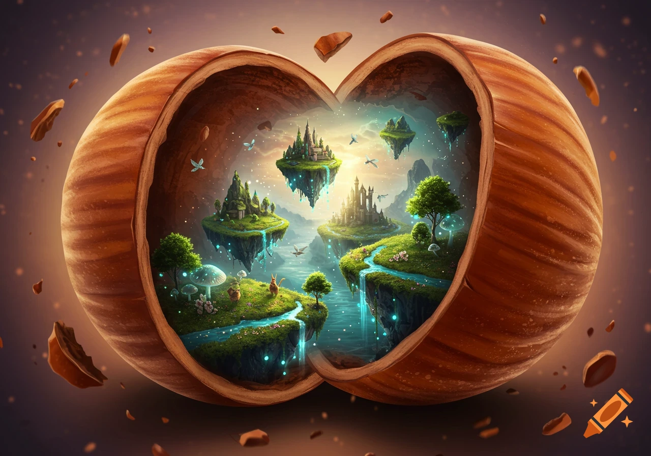 A split hazelnut reveals a vibrant magical fantasy world with floating islands, castles, glowing mushrooms, and sparkling rivers, detailed illustration.