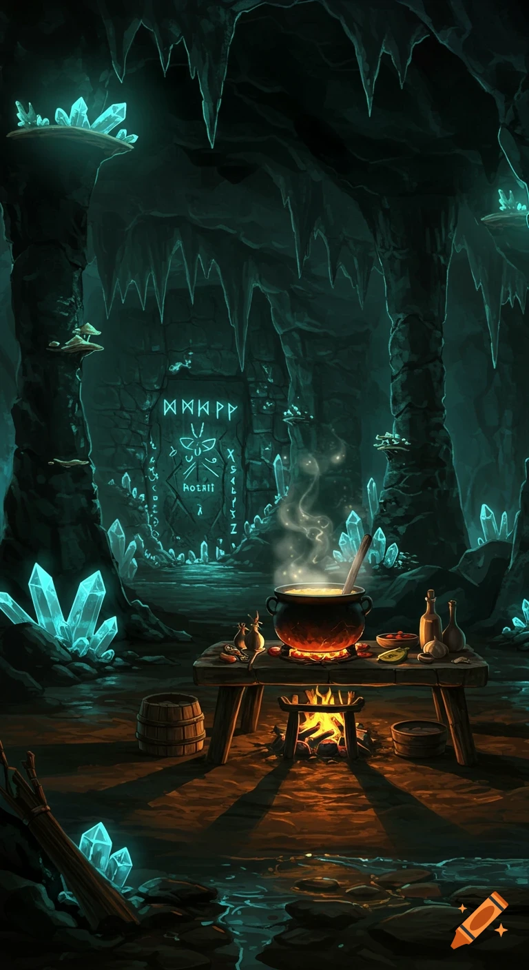 A dark fantasy cave with glowing teal crystals, a wooden table holding a steaming cauldron over a fire, and ancient runes on a back wall.