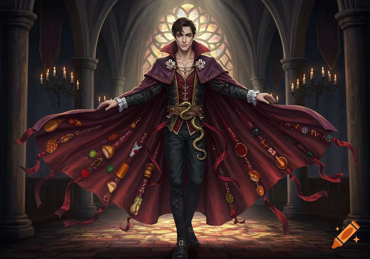 A man in a dark red and gold ornate gothic costume with a snake belt stands in a grand cathedral. His wide cape is adorned with various items and illegible text.