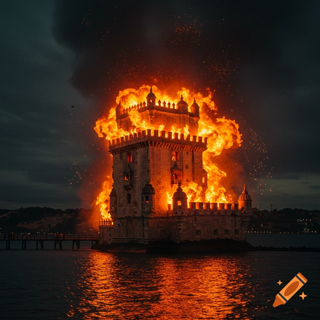 Photorealistic image of the historic Belem Tower engulfed in massive flames, reflecting brightly on the dark water under a cloudy sky.