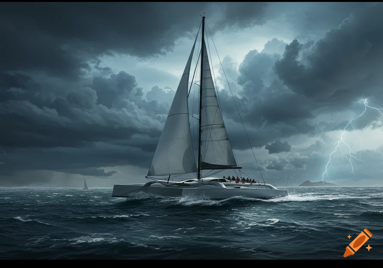 A trimaran sails through rough, dark ocean waves under an ominous sky with storm clouds and lightning.