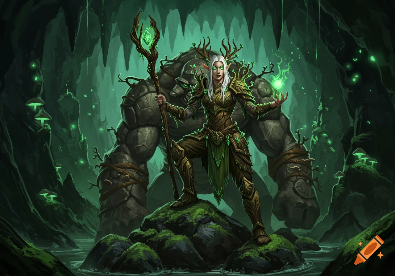 An elf shaman in woodland armor with an oak staff stands on a mossy rock, holding a glowing orb. A large troll stands behind her in a dark, glowing green cave.