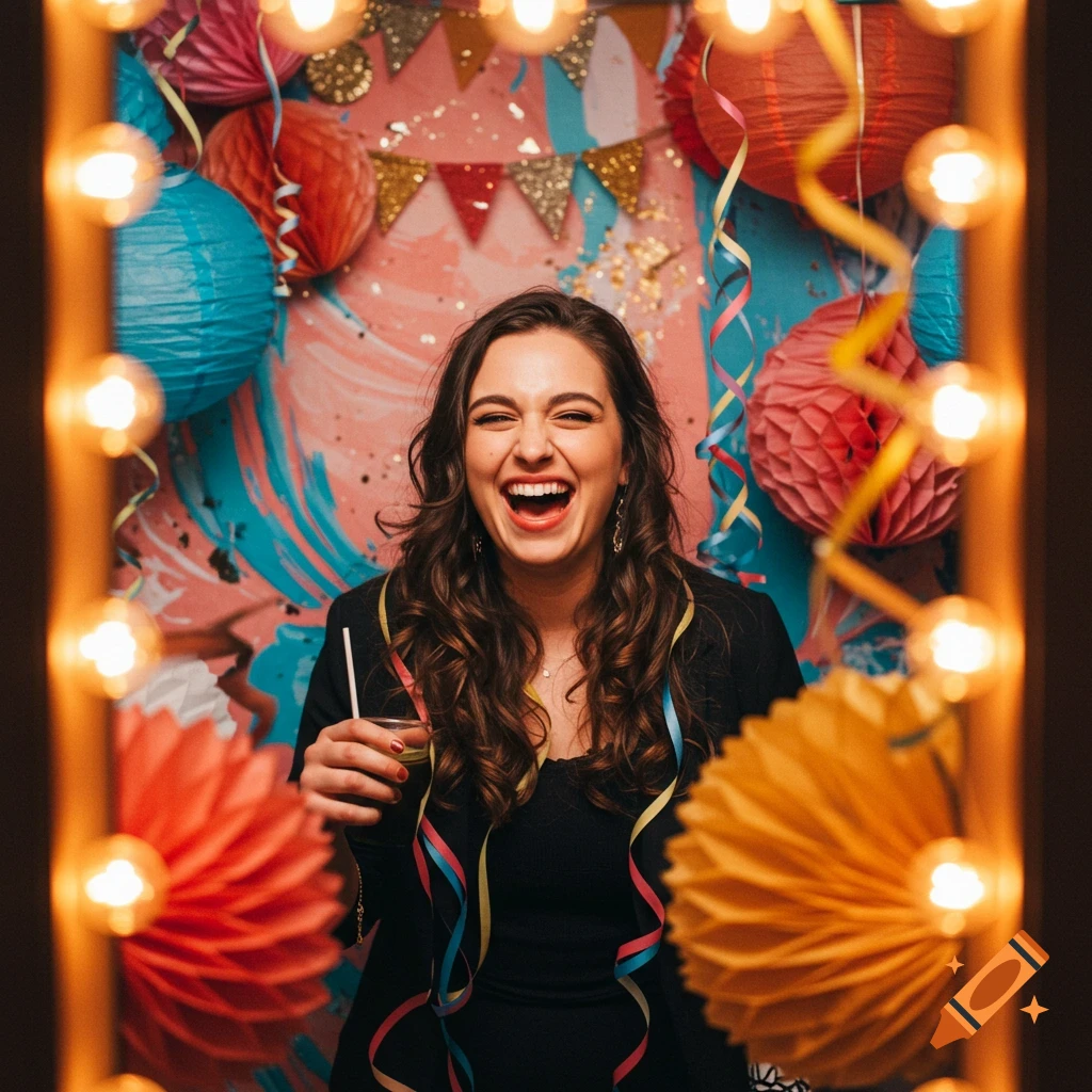 A joyful woman laughing in a photo booth, surrounded by colorful party decorations and bright string lights.
