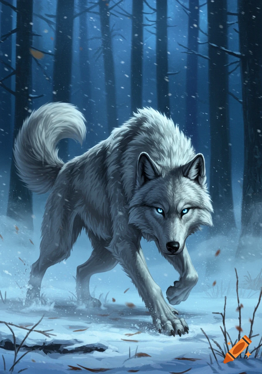 Digital illustration of a white wolf with glowing blue eyes walking intently through a snowy forest with falling snow.
