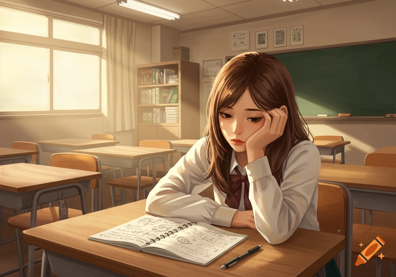 A bored anime girl student rests her head on her hand at a desk with an open notebook and pen in a sunny classroom.