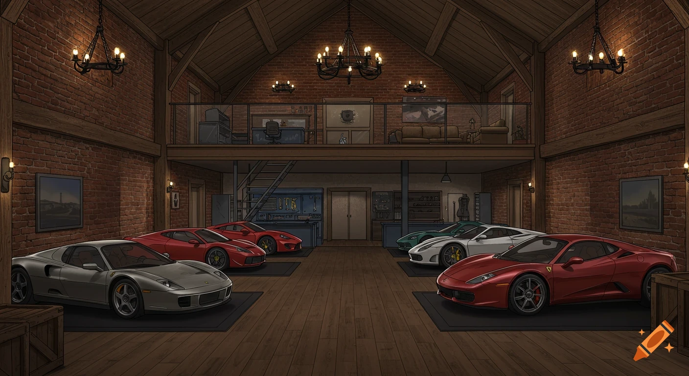 An illustrated rustic red brick barn interior featuring a supercar garage. Sports cars are parked on a polished oak plank floor, with a workshop area and an upstairs office and lounge.