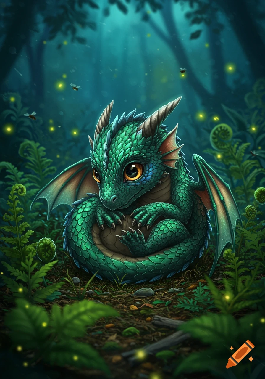 A cute, green baby dragon with large eyes curled up in a magical forest with glowing fireflies and lush ferns.