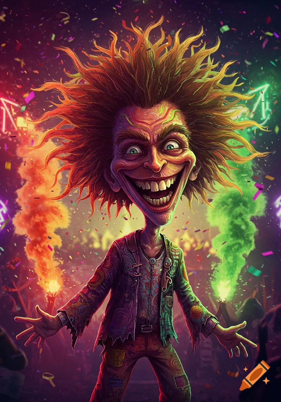 Vibrant cartoon caricature of a wild-haired man with an exaggerated smile, wearing colorful patched clothes amidst confetti and neon lights.