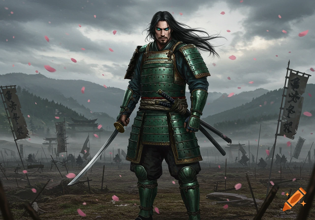 A dark-haired samurai in green armor with glowing blue eyes holds a katana, standing in a field with falling pink petals and banners under a cloudy sky.