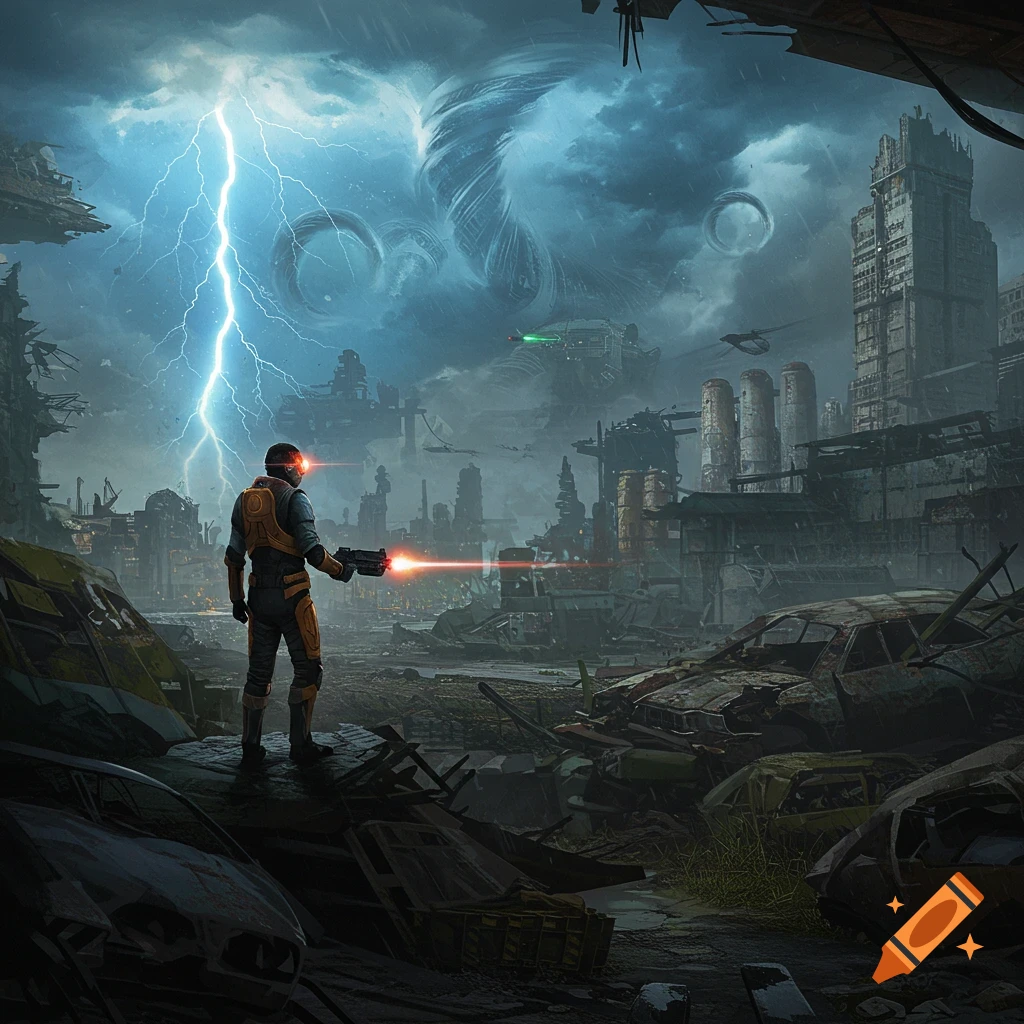 Armored figure with a glowing weapon stands amidst a ruined futuristic city under a stormy sky with lightning, concept art style.