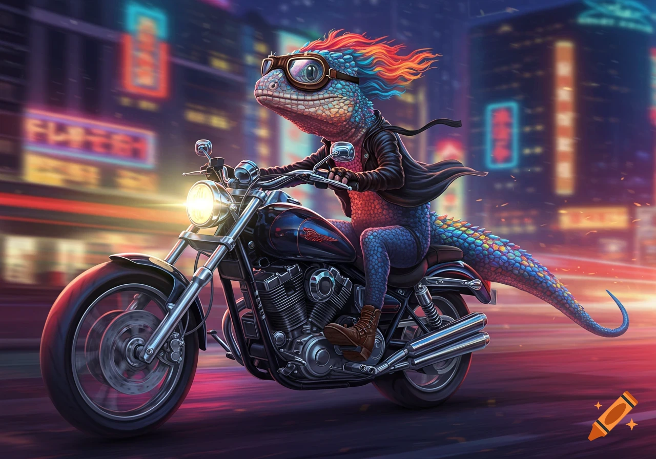 A vibrant, punk lizard in goggles and a leather jacket rides a motorcycle through a neon-lit futuristic city.