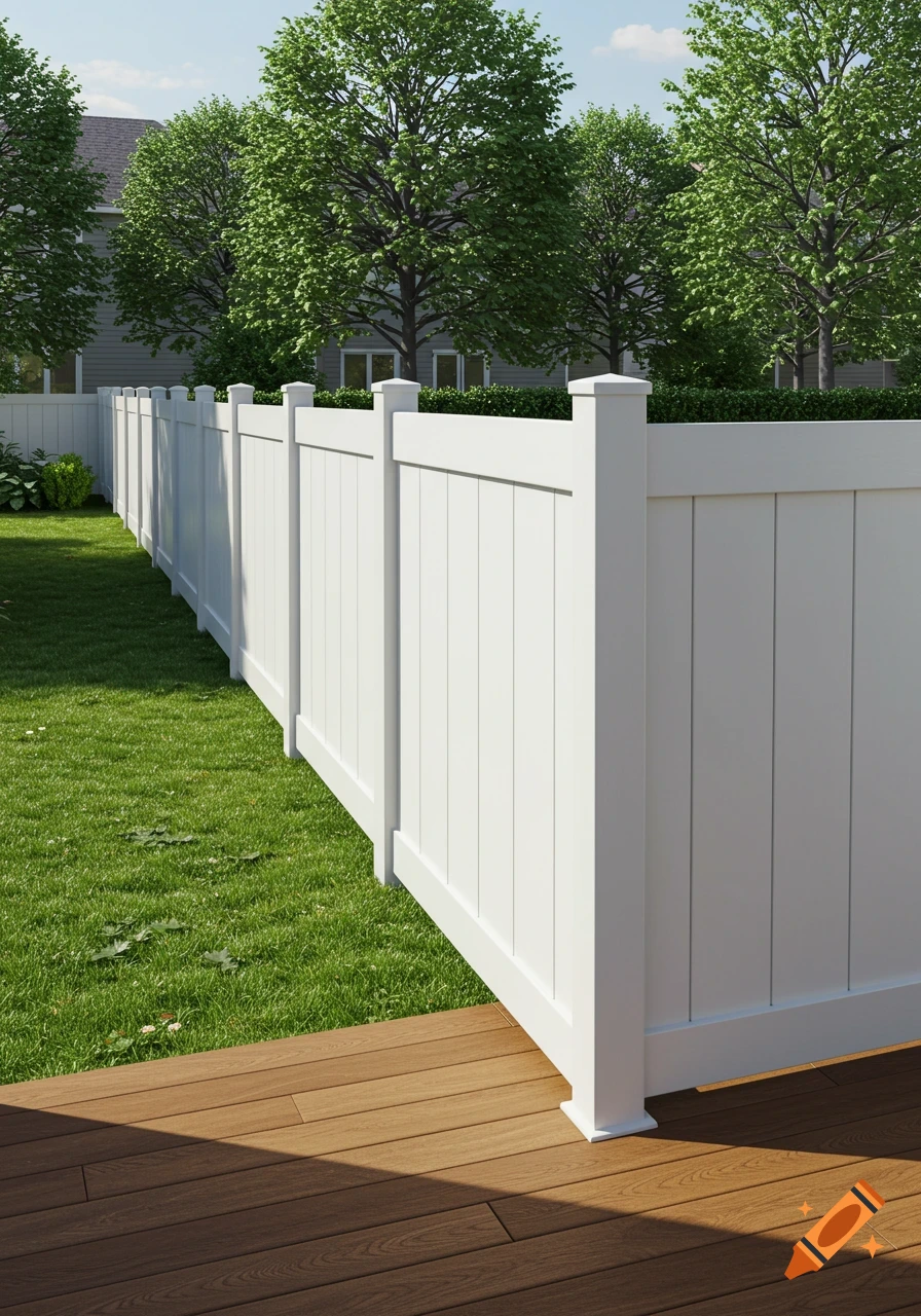 A white vinyl fence separates a green lawn from a brown wooden deck, with trees and a house under a clear sky.