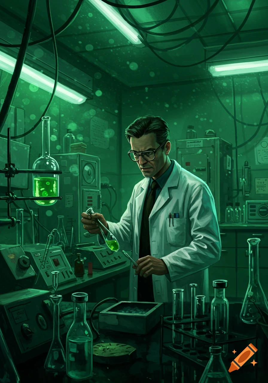 A male scientist with glasses holds a flask with bubbling green liquid in a retro 1980s green-lit laboratory, cinematic style.