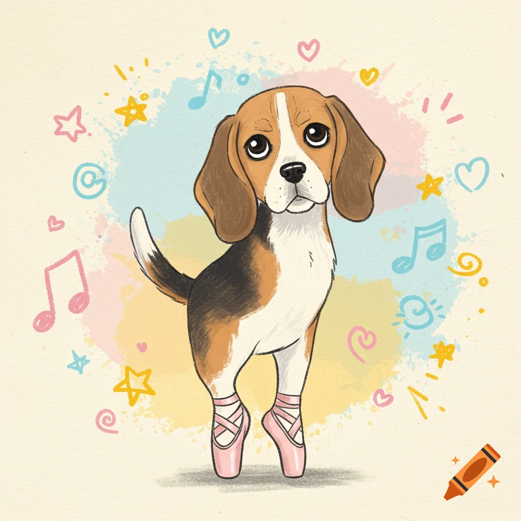 A cartoon beagle dog stands on its hind legs wearing pink pointe shoes, surrounded by colorful abstract smudges and floating hearts, stars, and musical notes.