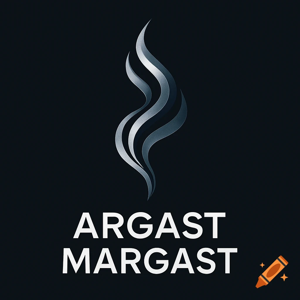 A silver, abstract flame-like logo with two wavy, intertwining shapes on a dark background, with the words ARGAST MARGAST in white capital letters below it.
