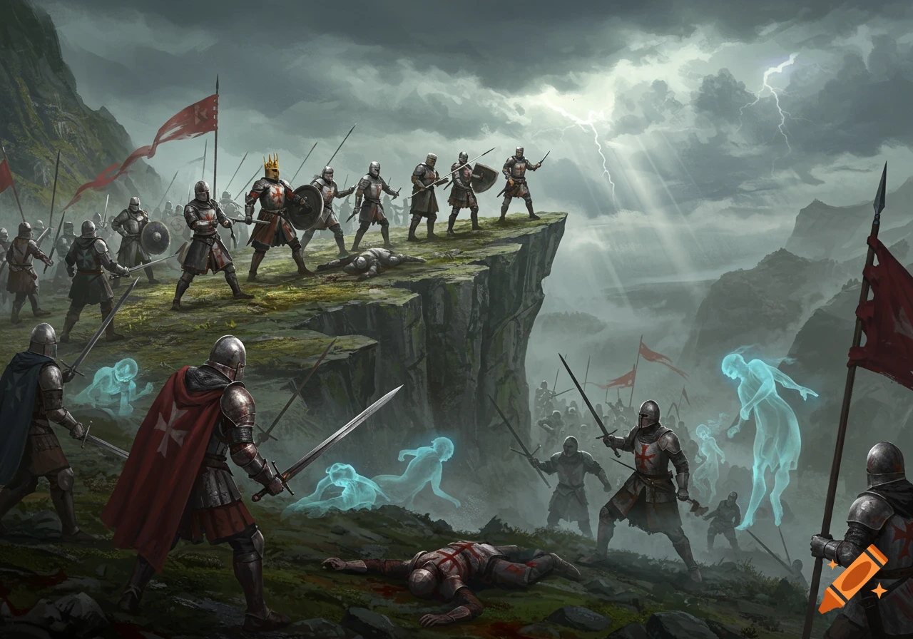 A dramatic fantasy painting of a medieval battle with knights fighting amidst ethereal ghosts on a rocky hill under a stormy, lightning-filled sky.