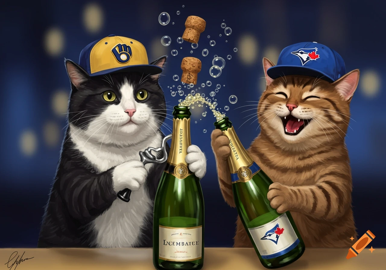A black and white cat and a brown tabby cat in baseball caps open champagne bottles, with corks and bubbles flying. The brown cat looks joyful while the black and white cat has a neutral expression.