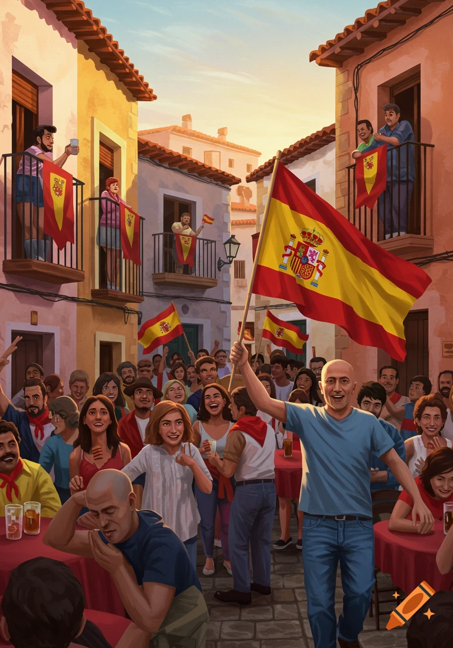 A vibrant illustration of a lively Spanish street celebration with crowds of people, flags, and balconies in a charming town square at sunset.