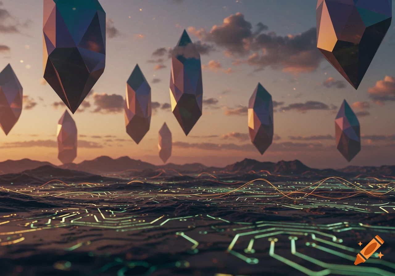 Geometric crystals float above a landscape with glowing circuit board patterns under a sunset sky, digital art.