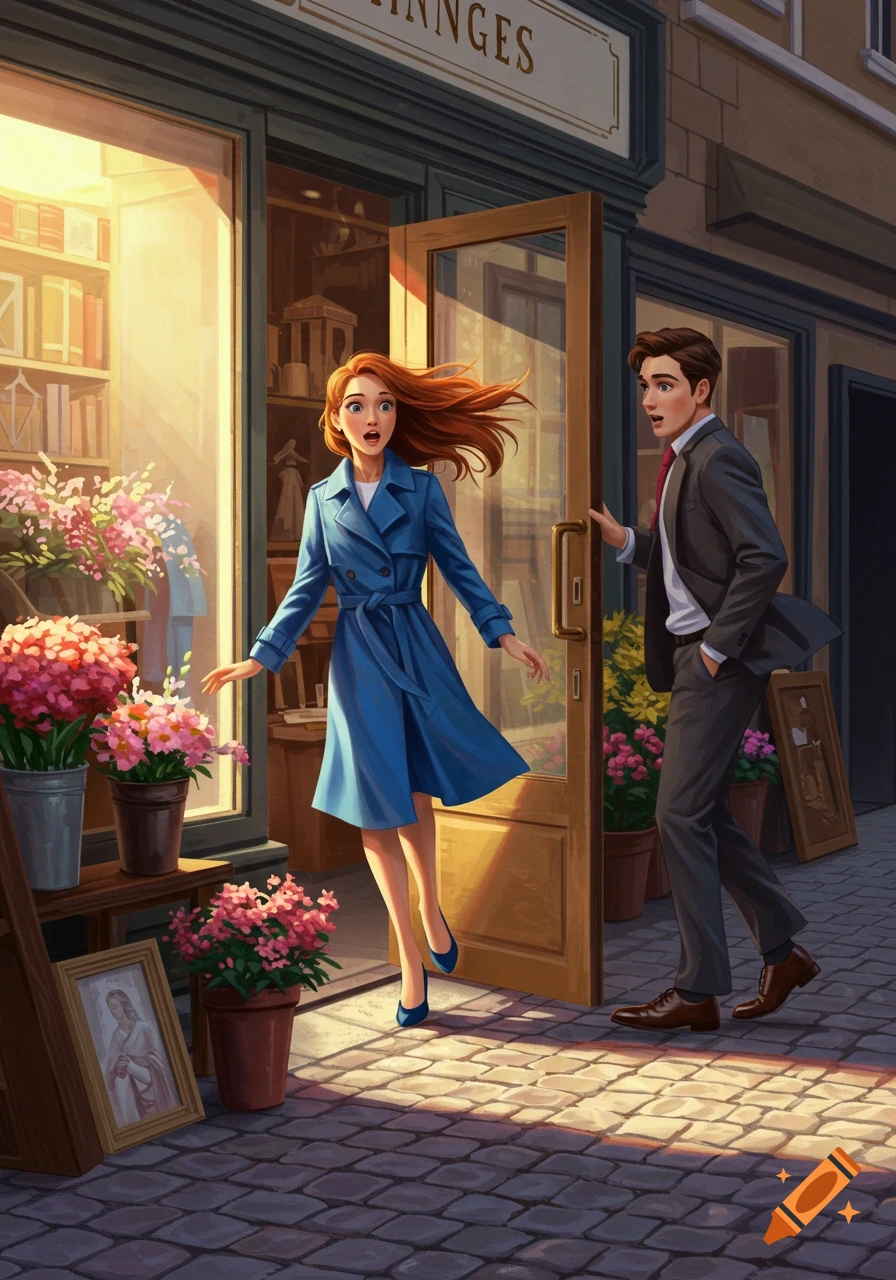 An illustration of a red-haired woman and a man in a suit bumping into each other outside a store with flowers.