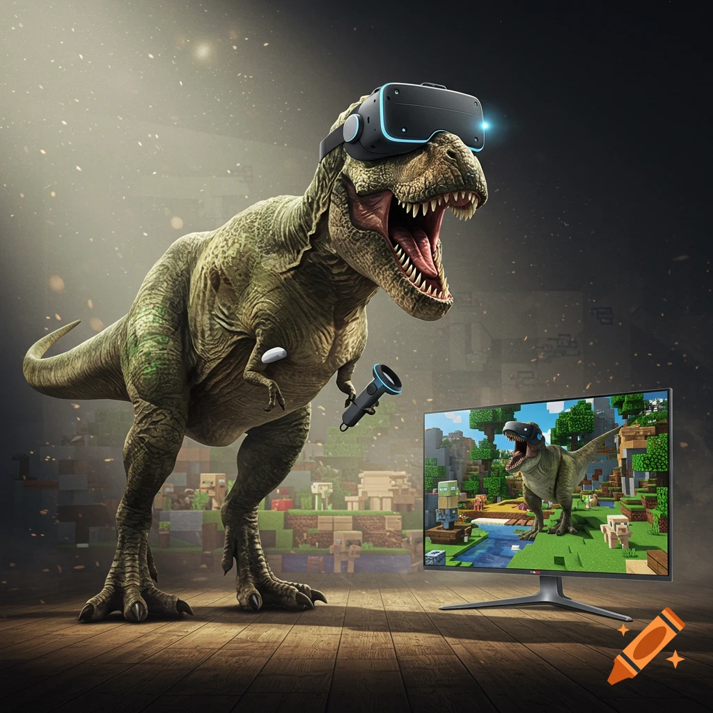 A large, realistic T-rex wears a VR headset and holds a controller, playing Minecraft. A monitor next to it shows the T-rex playing in a blocky Minecraft world.